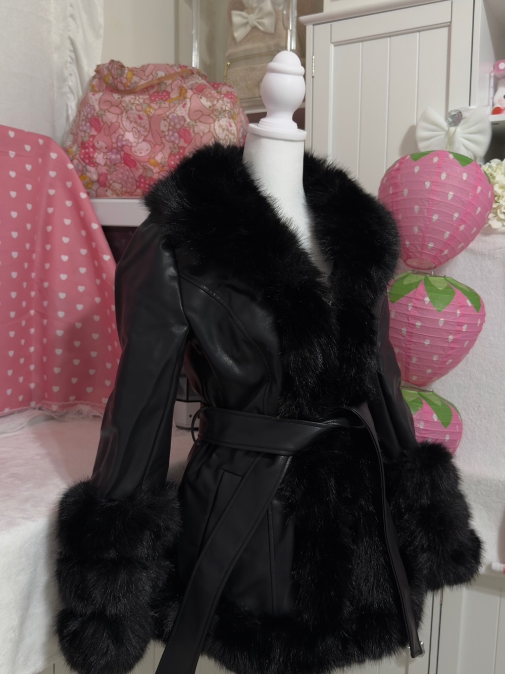 Women's Black Faux-Leather Belted Coat with Faux-Fur Trim Fancy Winter Jacket